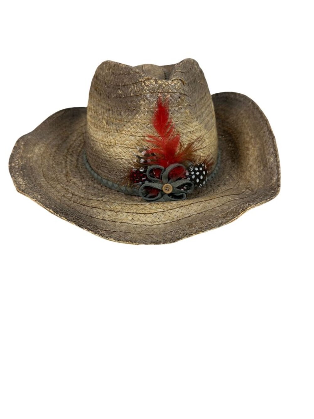 Peter Grimm Straw Cowboy Hat Feather Accent Brown Red Western Style One Size